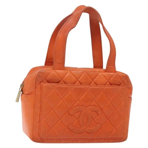 CHANEL Matelasse Hand Bag Lamb Skin Orange Gold CC Auth 133092 - Picture 1 of 16